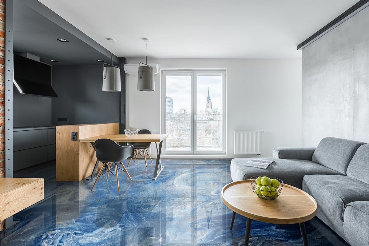 Gray living room with balcony custom epoxy flooring